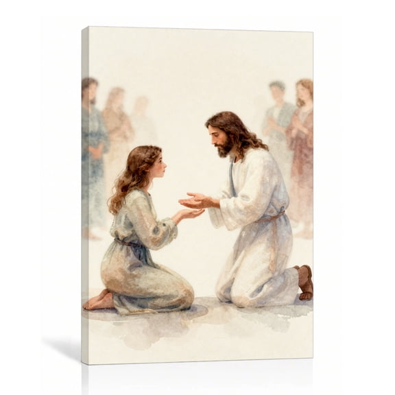16"L x 24"W Jesus Healing Woman Christian Canvas Wall Art, Large Watercolor Bible Scene Religious Decor for Living Room, Bedroom and Prayer Room