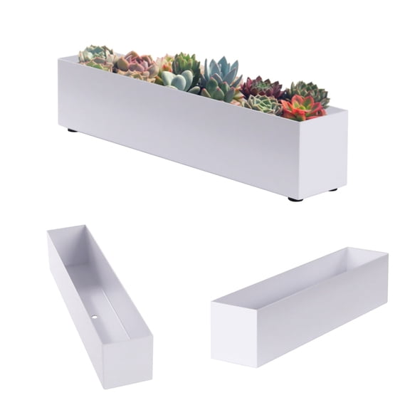 16"L x 3.25"W x 3.5"H Rectangular Metal Window Box Planter, With Drainage Hole & 4 Rubber Mats, Modern Long Design for Small Herbs, Succulents, Indoor/Outdoor (White)