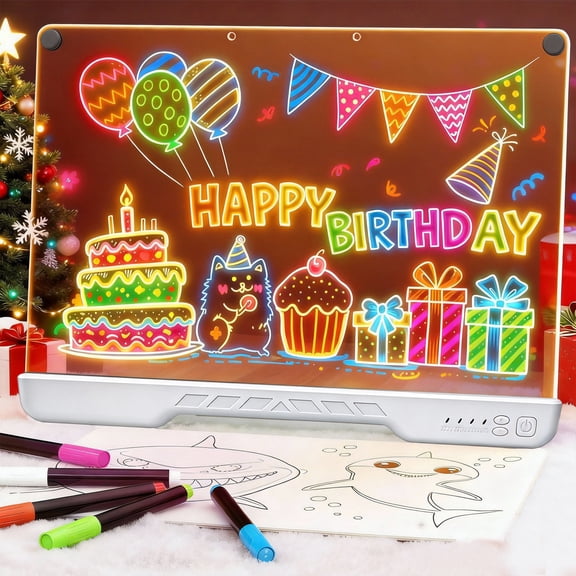 16" LED Drawing Board, Portable LED Note Board with 7 Colors Light & Adjustable Lights Button, Neon Light Up Drawing Pad for Kids Room/Office/Store/Gift, 7 Markers & Tracing Book