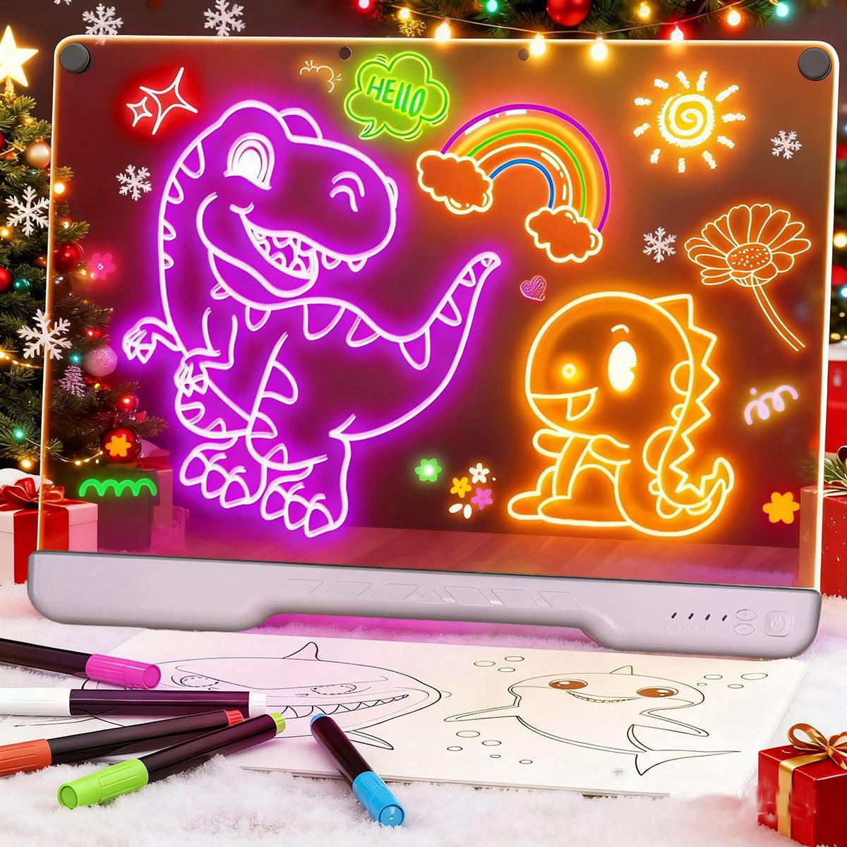 LED Light Up Drawing Board Erasable Acrylic Message Board, 7 Color Light Modes Rechargeable Glow Writing Board with Markers, Stand & Hanging Kit for Kids Holiday Decor Bar Sign