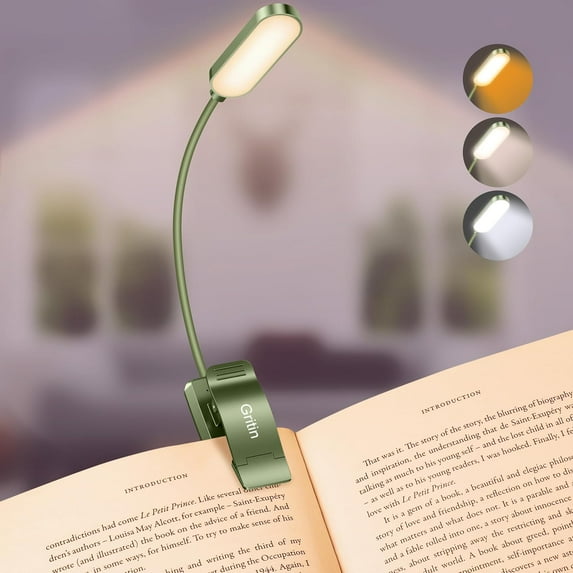 16 LED Rechargeable Book Light for Reading in Bed- Eye Caring 3 Color Temperatures, Stepless Dimming Brightness, 80 Hrs Runtime, Lightweight Flexible Clip on Light for Book Lovers-Dark Green