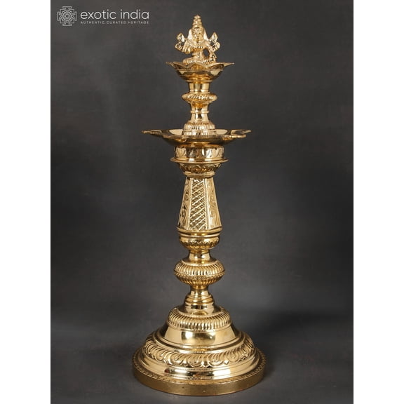 16" Lakshmi Lamp (Goddess Lakshmi On Top of Lamp) In Brass | Handmade | Made In India