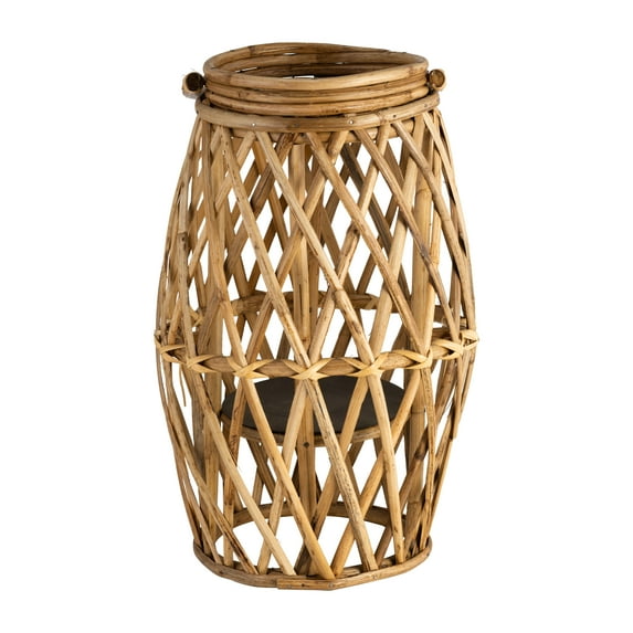 16" Lantern - Brown Wicker and Iron Candle Holder - Modern and Contemporary Rustic Farmhouse Tabletop Decor for Indoor or Outdoor