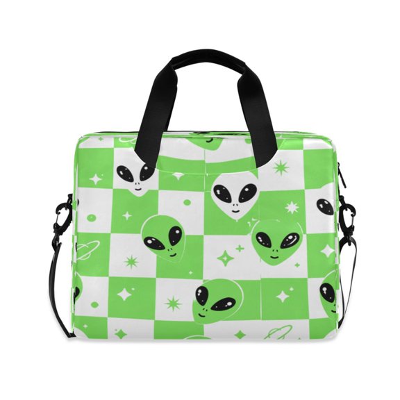 16" Laptop Briefcase, Detachable Anti-Slip Shoulder Strap, Multi-Compartment Work Travel Bag Alien Space Checkered Pattern
