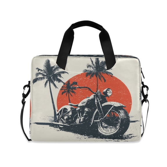 16" Laptop Briefcase, Detachable Anti-Slip Shoulder Strap, Multi-Compartment Work Travel Bag Beach Palm Retro Motorcycle