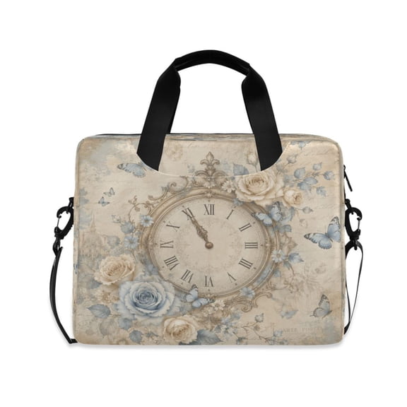 16" Laptop Briefcase, Detachable Anti-Slip Shoulder Strap, Multi-Compartment Work Travel Bag Blue Butterfly Rose Clock