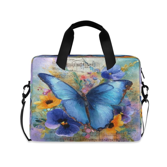 16" Laptop Briefcase, Detachable Anti-Slip Shoulder Strap, Multi-Compartment Work Travel Bag Blue Butterfly and Musical Sheets