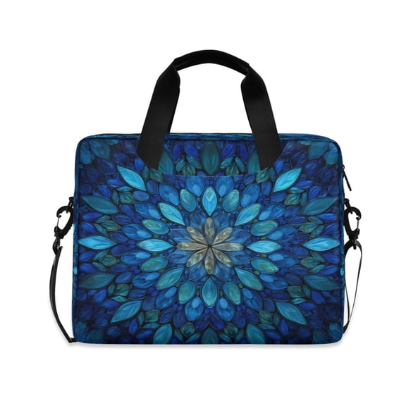 16" Laptop Briefcase, Detachable Anti-Slip Shoulder Strap, Multi-Compartment Work Travel Bag Blue Glass Leaves Pattern
