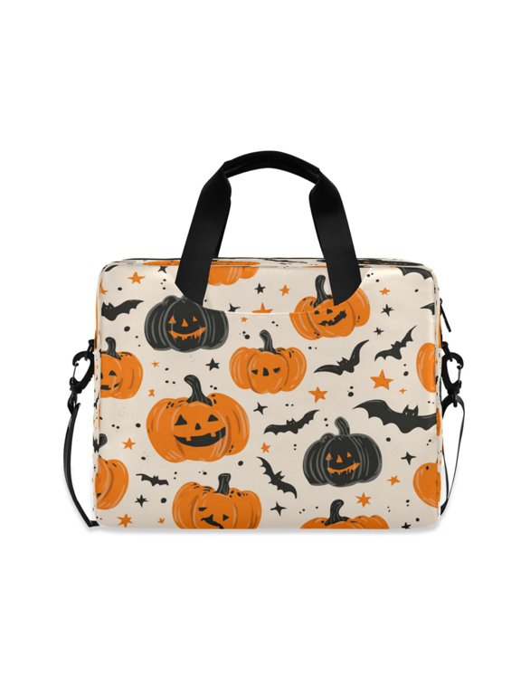 16" Laptop Briefcase, Detachable Anti-Slip Shoulder Strap, Multi-Compartment Work Travel Bag Cartoon Halloween Pumpkins and Bats