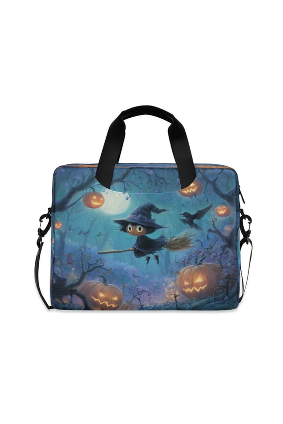 16" Laptop Briefcase, Detachable Anti-Slip Shoulder Strap, Multi-Compartment Work Travel Bag Cartoon Pumpkin-headed Witch