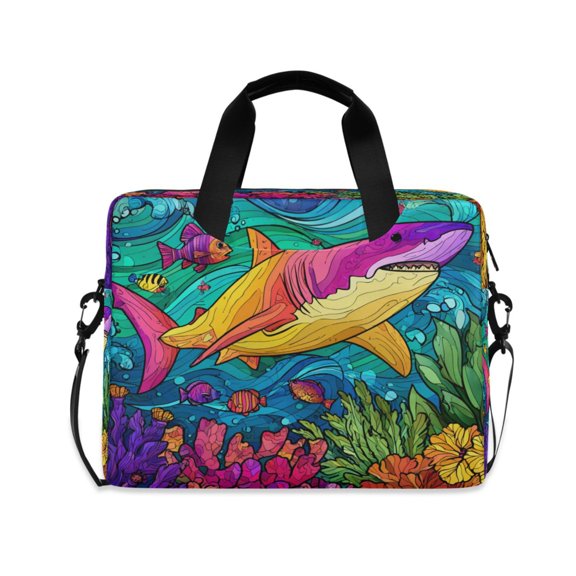 16" Laptop Briefcase, Detachable Anti-Slip Shoulder Strap, Multi-Compartment Work Travel Bag Colorful Shark Pattern