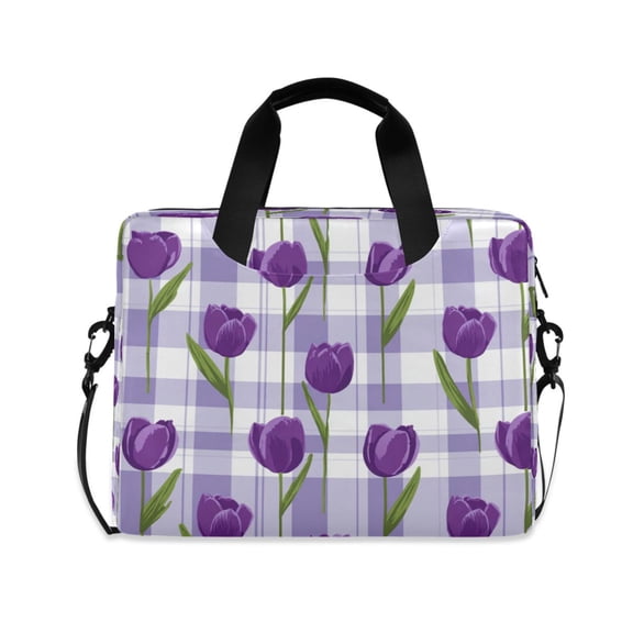 16" Laptop Briefcase, Detachable Anti-Slip Shoulder Strap, Multi-Compartment Work Travel Bag Cute Cartoon Purple Tulips