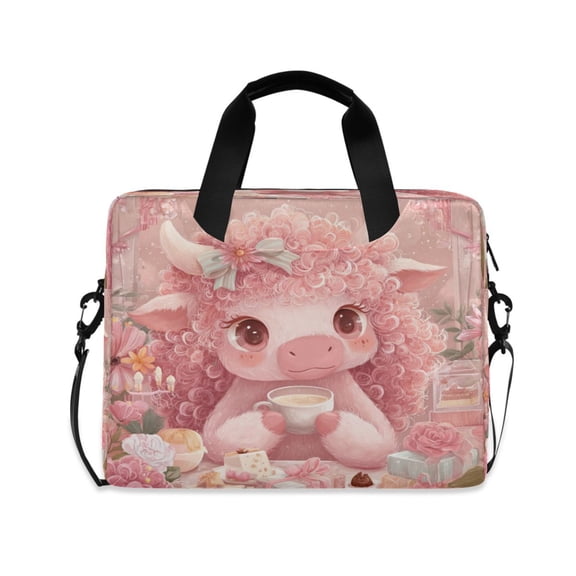 16" Laptop Briefcase, Detachable Anti-Slip Shoulder Strap, Multi-Compartment Work Travel Bag Cute Little Pink Cow
