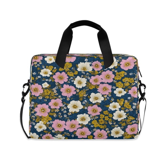 16" Laptop Briefcase, Detachable Anti-Slip Shoulder Strap, Multi-Compartment Work Travel Bag Flowers in Navy Blue