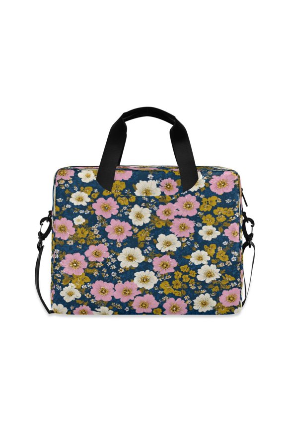 16" Laptop Briefcase, Detachable Anti-Slip Shoulder Strap, Multi-Compartment Work Travel Bag Flowers in Navy Blue