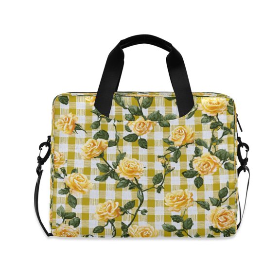 16" Laptop Briefcase, Detachable Anti-Slip Shoulder Strap, Multi-Compartment Work Travel Bag Gingham Pattern Yellow Roses