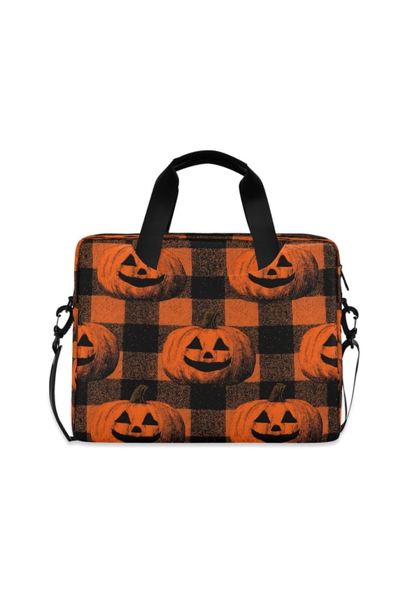16" Laptop Briefcase, Detachable Anti-Slip Shoulder Strap, Multi-Compartment Work Travel Bag Orange Striped Smiley Pumpkins