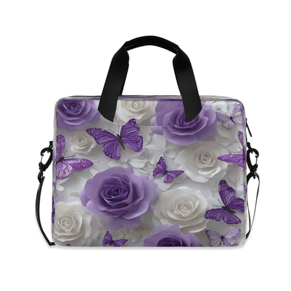 16" Laptop Briefcase, Detachable Anti-Slip Shoulder Strap, Multi-Compartment Work Travel Bag Purple Butterflies and White Roses