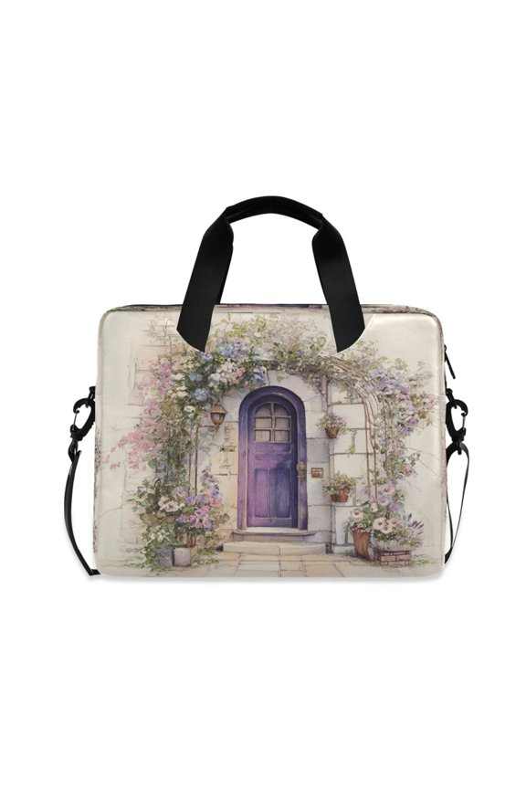 16" Laptop Briefcase, Detachable Anti-Slip Shoulder Strap, Multi-Compartment Work Travel Bag Purple Door in Blooms