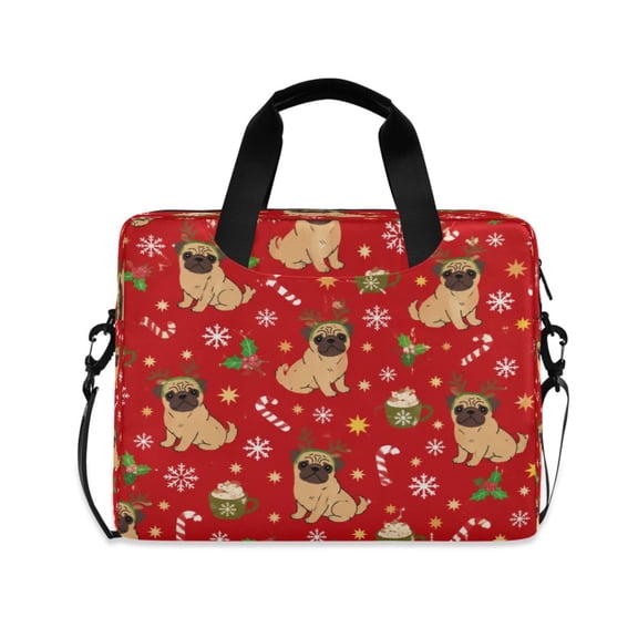 16" Laptop Briefcase, Detachable Anti-Slip Shoulder Strap, Multi-Compartment Work Travel Bag Red Christmas Pug Pattern