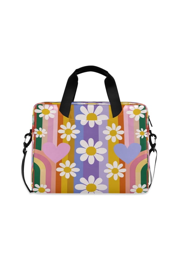 16" Laptop Briefcase, Detachable Anti-Slip Shoulder Strap, Multi-Compartment Work Travel Bag Retro Colorful Rainbow and Daisy