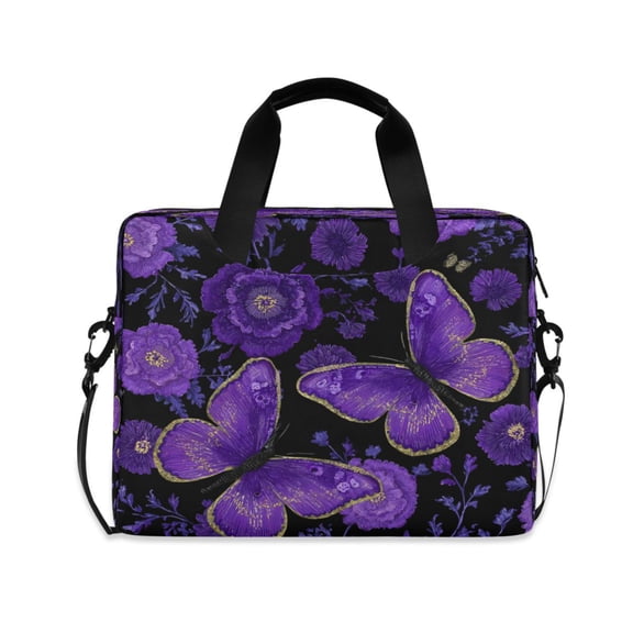 16" Laptop Briefcase, Detachable Anti-Slip Shoulder Strap, Multi-Compartment Work Travel Bag Retro Purple Butterfly and Flowers