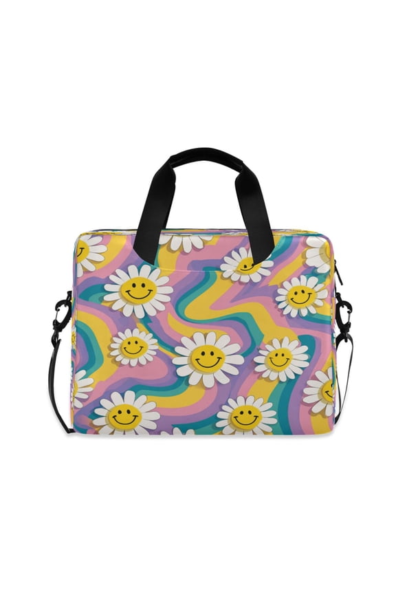 16" Laptop Briefcase, Detachable Anti-Slip Shoulder Strap, Multi-Compartment Work Travel Bag Smiley Faces on The Flowers