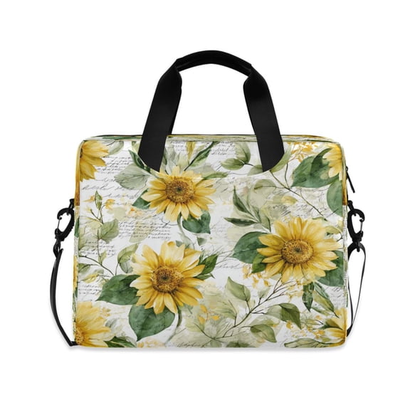 16" Laptop Briefcase, Detachable Anti-Slip Shoulder Strap, Multi-Compartment Work Travel Bag Soft Sunflowers and Green Leaves
