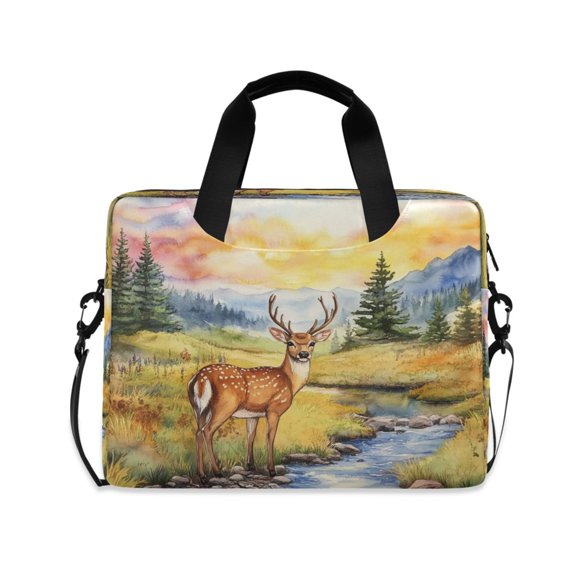 16" Laptop Briefcase, Detachable Anti-Slip Shoulder Strap, Multi-Compartment Work Travel Bag Sunset Mountain Stream Deer