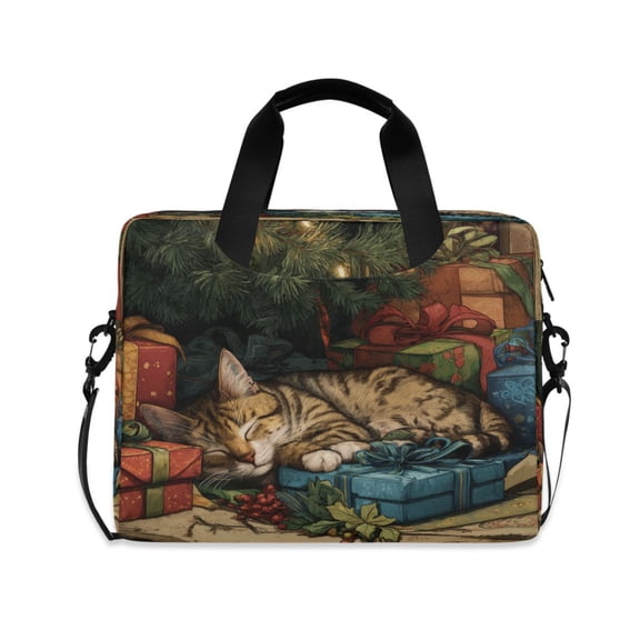 16" Laptop Briefcase, Detachable Anti-Slip Shoulder Strap, Multi-Compartment Work Travel Bag Tabby Cat and Christmas Presents