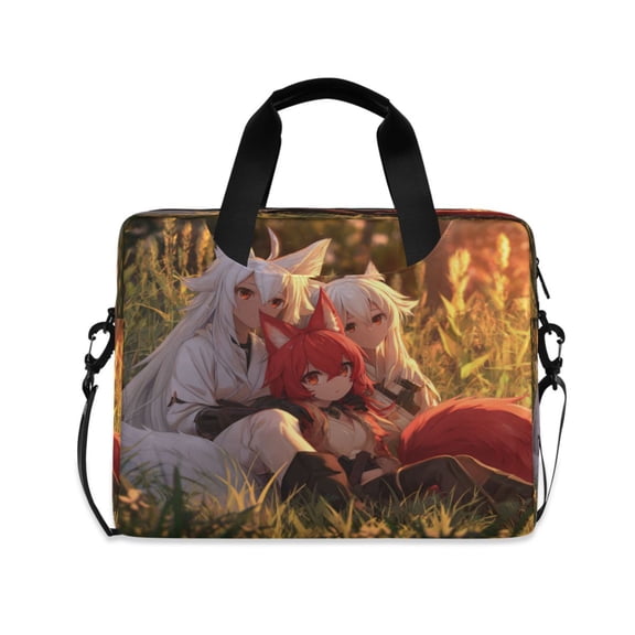 16" Laptop Briefcase, Detachable Anti-Slip Shoulder Strap, Multi-Compartment Work Travel Bag Three Anime Foxes