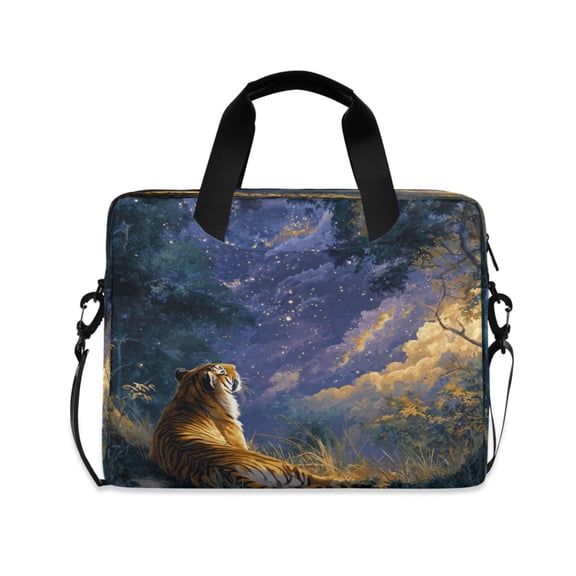 16" Laptop Briefcase, Detachable Anti-Slip Shoulder Strap, Multi-Compartment Work Travel Bag Tiger under The Purple Stars