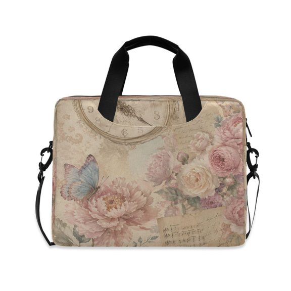 16" Laptop Briefcase, Detachable Anti-Slip Shoulder Strap, Multi-Compartment Work Travel Bag Vintage Peony Clock Pattern