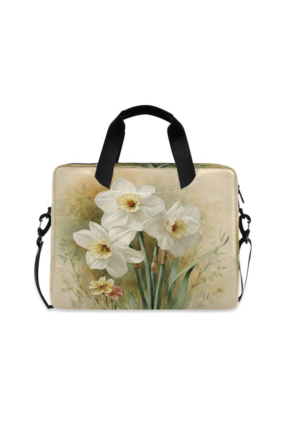 16" Laptop Briefcase, Detachable Anti-Slip Shoulder Strap, Multi-Compartment Work Travel Bag White Daffodils