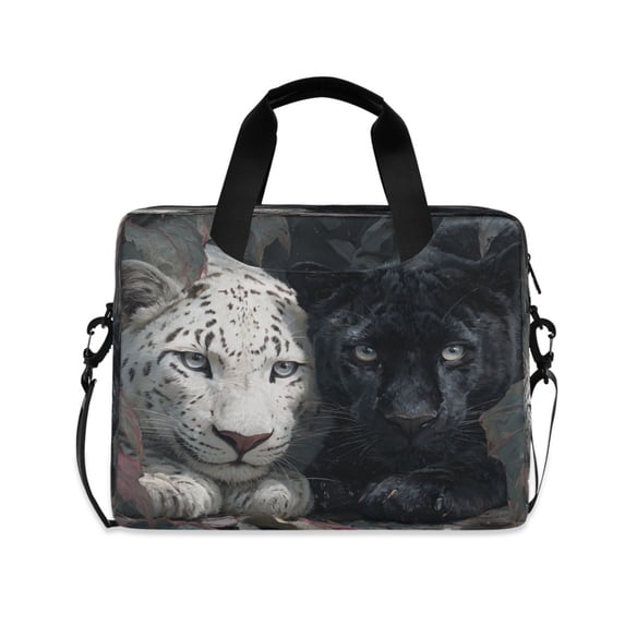 16" Laptop Briefcase, Detachable Anti-Slip Shoulder Strap, Multi-Compartment Work Travel Bag White Leopard Black Panther