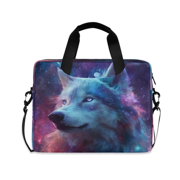 16" Laptop Briefcase, Detachable Anti-Slip Shoulder Strap, Multi-Compartment Work Travel Bag Wolf with Stars and Galaxies