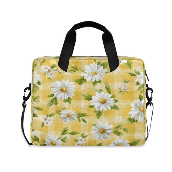 16" Laptop Briefcase, Detachable Anti-Slip Shoulder Strap, Multi-Compartment Work Travel Bag Yellow Gingham with Daisies Pattern