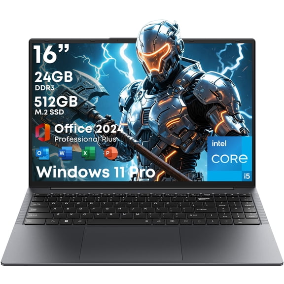16" Laptop Computer,Intel Core i5,24GB RAM 512GB SSD,Windows 11 Pro Notebook PC,MS Office 2024,100% sRGB Color Gamut FHD Display,Dual Band Wi-Fi,Webcam