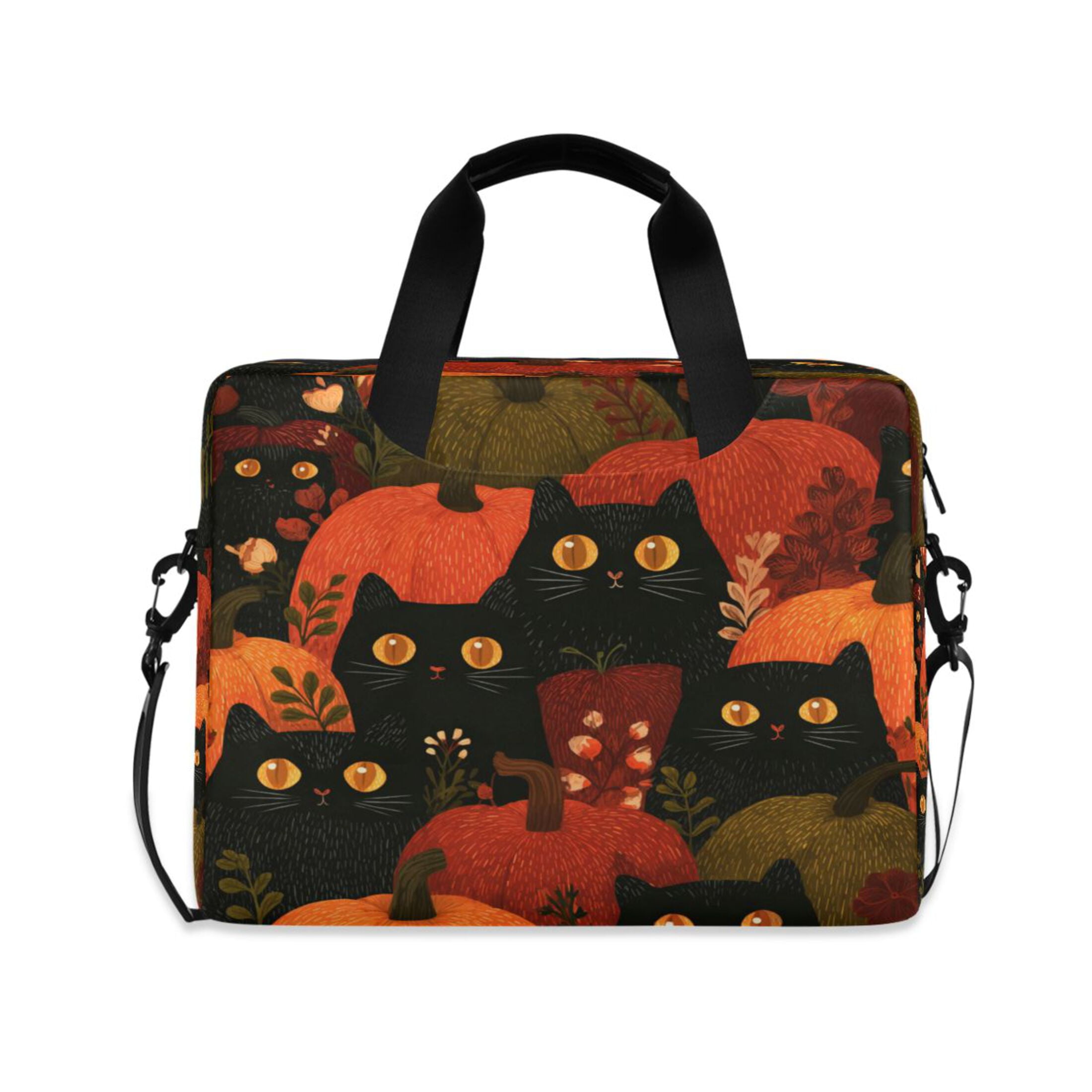 16" Laptop Tote Bag Laptop Sleeve Case Computer Briefcase for Work & Travel Black Cat Surrounded by Pumpkins