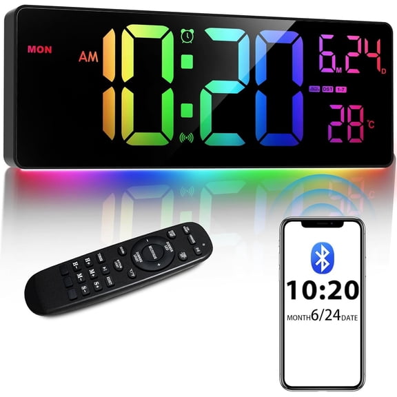 16" Large Digital Wall Clock/Auto Time Sync, 10 RGB Colors Digital Clock Large Display with Remote, Auto-Dimming/DST, Calendar, Timer, , 6 Night Lights Big Clock for Decor