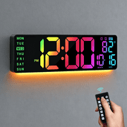 16" Large Digital Wall Clock Wall Mount Clock with Big Led, Count Down Timer, Alarm, Big LED, 4 RGB Color, DST, Temperature for Living Room Bedroom Office Desk Wall Decor, Black