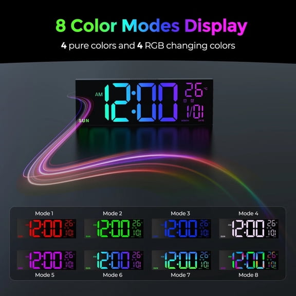 16" Large Digital Wall Clock with Remote Control,Alarm Clock for Bedroom,10 Brightness Dimmer,8 Colors,5 Volume,Auto DST,/,Timer