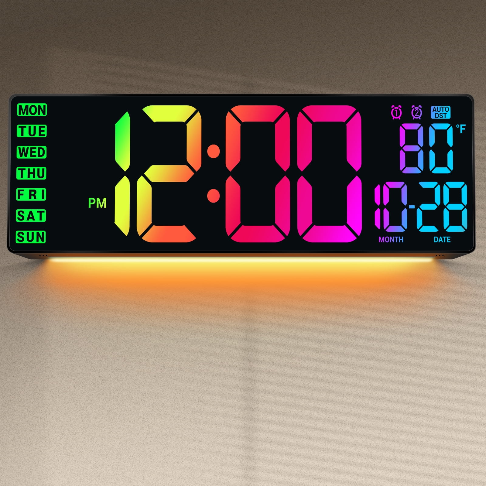 16" Large Digital Wall Mount Clock, Count Down Timer, Alarm, Big LED, DST, Temperature for Living Room Classroom Desk, Xmas, Birthday Gift for Senior Men Women Mom Dad, Colorful