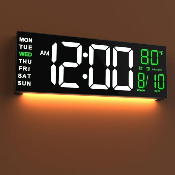16" Large Digital Wall Mount Clock, Count Down Timer, Alarm, Big LED, RGB Color, DST, Temperature for Living Room Classroom Desk, Xmas, Birthday Gift for Senior Mom Dad, White Green