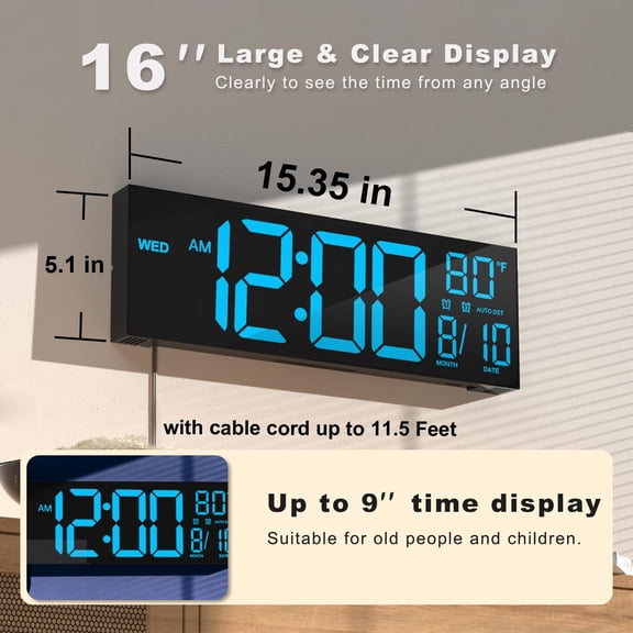 16" Large Digital Wall Mount Clock  Count Down Timer Alarm Big Led Dst Temperature For Living Room Classroom Desk Xmas Birthday Gift Senior Men Women Mom Dad Blue