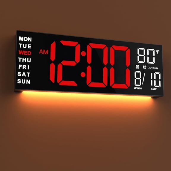 16" Large Digital Wall Mount Clock, Count Down Timer, , Big LED, RGB Color, DST, Temperature for Living Room Classroom Desk, Xmas, Birthday for Senior Mom Dad (Red White, 16 inches)