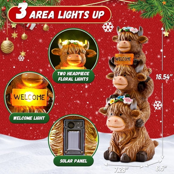 16 in Large Garden Highland Cow Statue Solar Garden Sculptures & Statues with Flower Decoration Birthday Gifts for Women Mom Funny Triple Big Highland Cow Decor for Yard Garden Lawn Ornaments