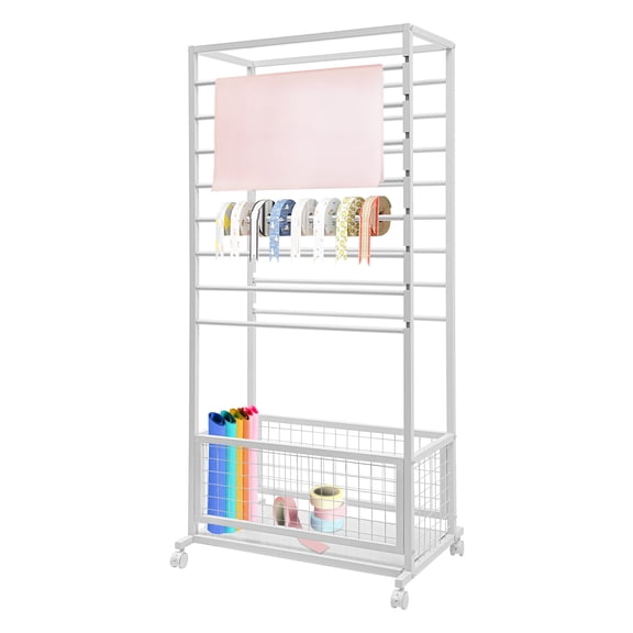 Shangmakel Shangmakel 16-Layer Iron Rolling Ribbon Holder Organizer Rack with Bottom Basket, Wrapping Paper Holder, Slim Ribbon Storage Rack for Flower Shop,Craft Room H: 60inch