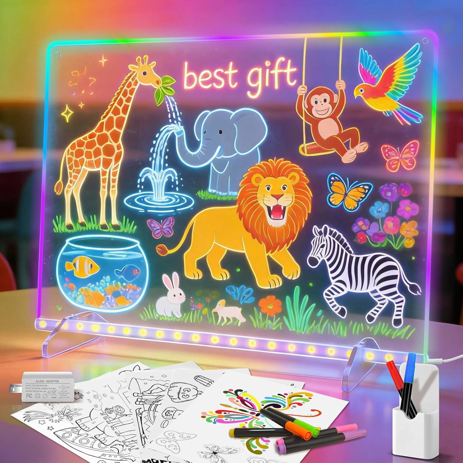 16'' Led Drawing Board for Kids with 8 Colors 6 Modes, Led Note Board with Colors, Light up Acrylic Dry Erase Board Includes Adapter, 7 Markers, Glow Doodle Board Holiday Gifts for Kids/Girls/Teens