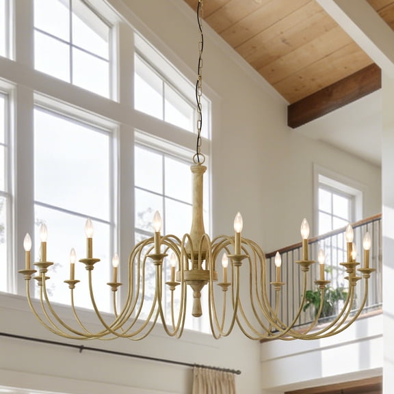 16-Light Farmhouse Chandelier, 59.05" Oversized Rustic Solid Wood Candle Pendant Light with Antique Finish | Dimmable French Country Ceiling Fixture for Oversized Living Room, Wedding Venue
